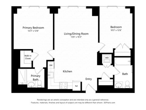 Floor plan for 2 beds, 2 baths, 939 sqft